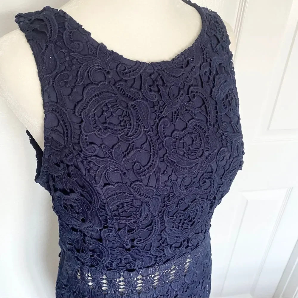 Mademoiselle Philip Marc Navy Blue Floral Lace Sleeveless Midriff Mini Dress - Picture 7 of 13